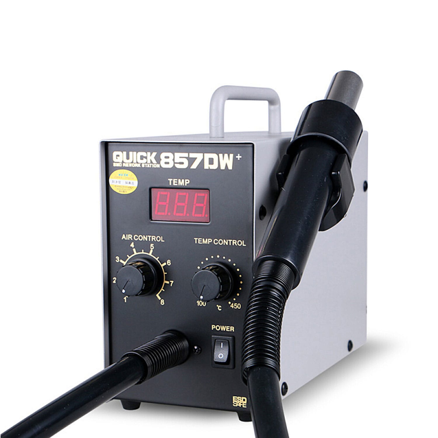 QUICK 857DW+ Lead Free Adjustable Hot Air Heat Gun With Helical Wind Rework  Soldering Station