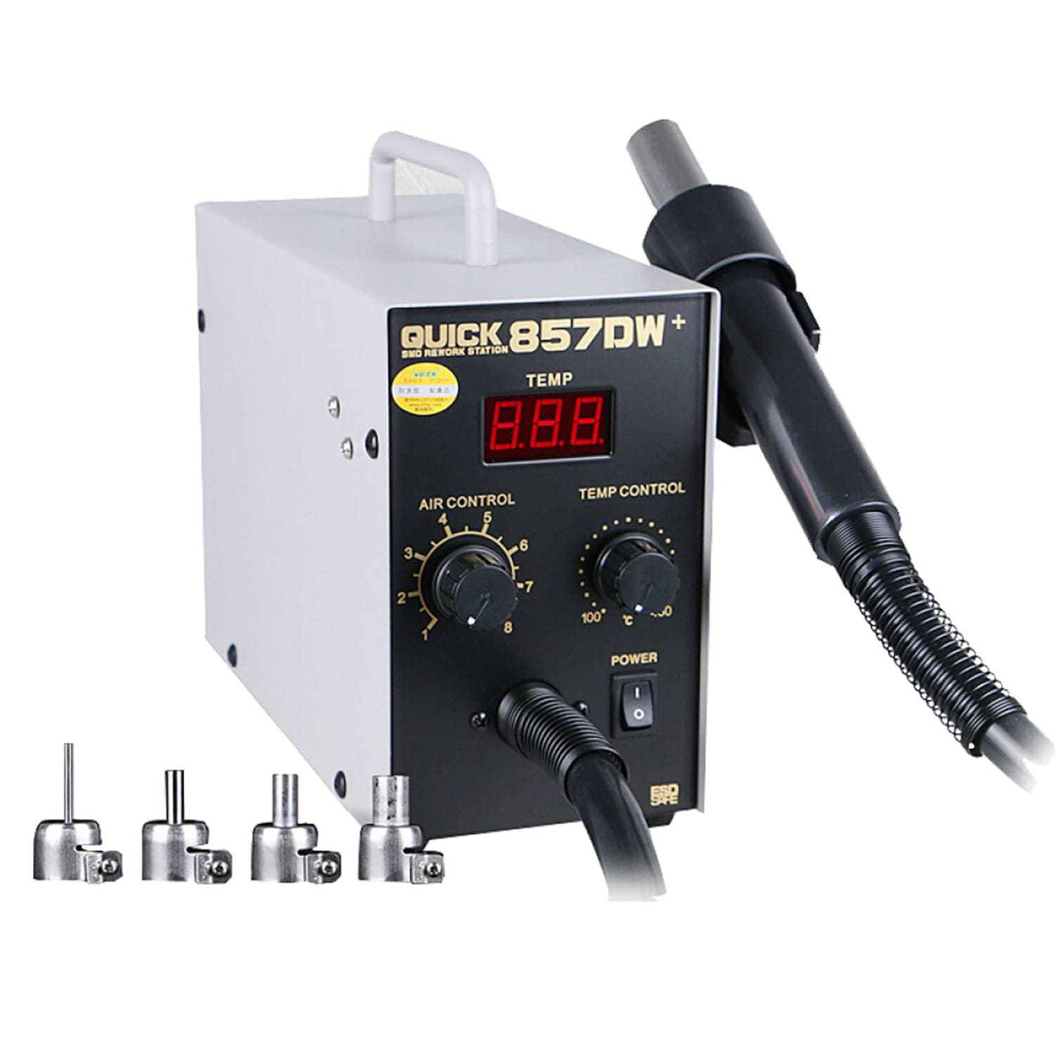 QUICK 857DW+ Lead Free Adjustable Hot Air Heat Gun With Helical Wind Rework  Soldering Station