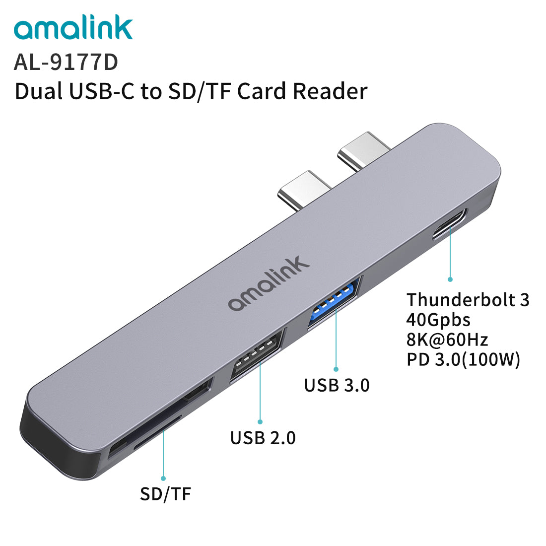 Dual USB C Hub 4 in 1 Dock for MacBook Pro/Air 2018-2020 with USB 2.0 / USB 3.0 / SD-TF Card Reader / PD 3.0 (9177D)